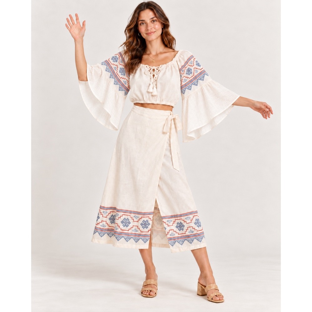 Hansen & Gretel Linen Embroidered linen Set Crop Top Sz 1 , skirt Sz 2